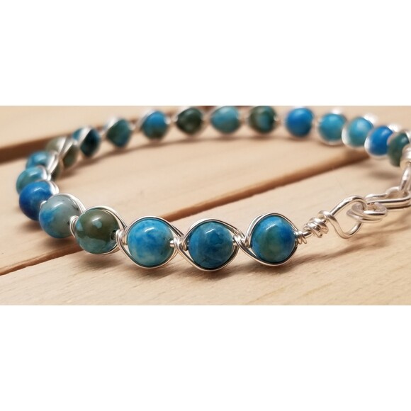 Handmade Wire Wrapped Jasper Bead Bracelet – Blue & Green Gemstone - Picture 4 of 7